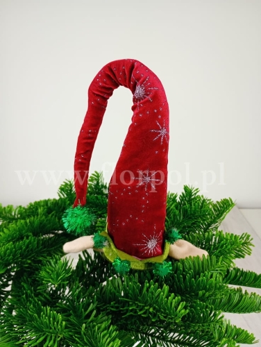 Welurowa czapka elfa na piku 1szt czerwony/zielony (8992)