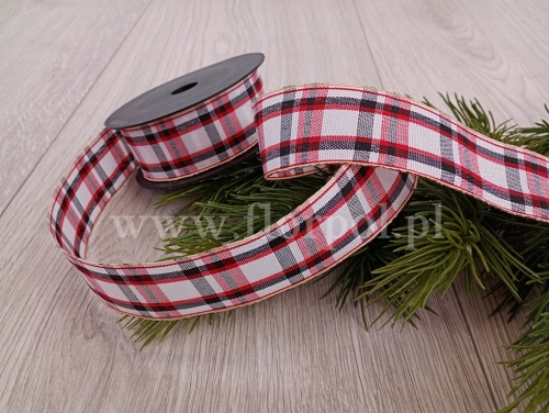 wstążka świąteczna –  kratka 4cm 1szt biały/czarny/czerwony