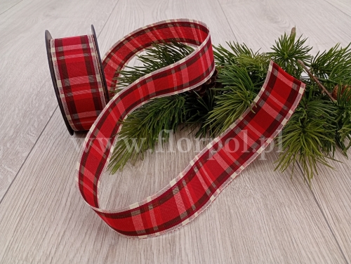 wstążka świąteczna –  kratka 4cm 1szt czerwień/krem