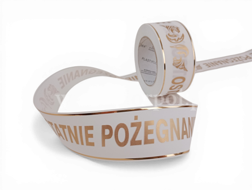 Wstążka pogrzebowa złoty pasek 5/50Y NzDr biała (01-42-00) 