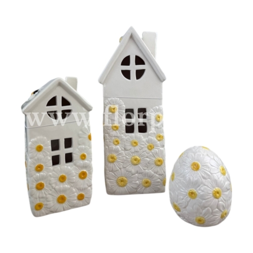 ceramiczny domek led w stokrotki - większy  1szt biały/żółty (MIF016)
