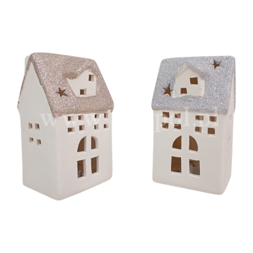 domek ceramiczny led - brokatowy dach 1szt ecru/złoto(YS16032AB)