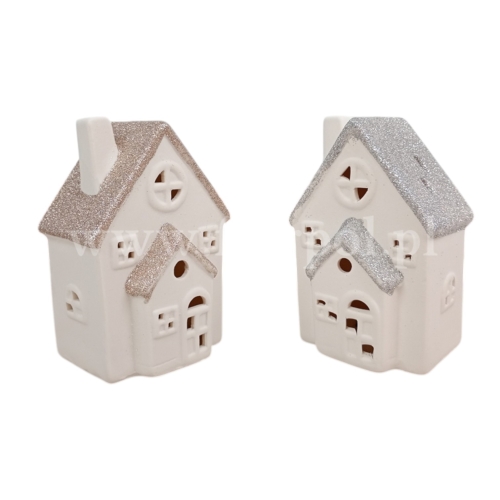 domek ceramiczny led - brokatowy dach 1szt ecru/złoto (YS15698AB)