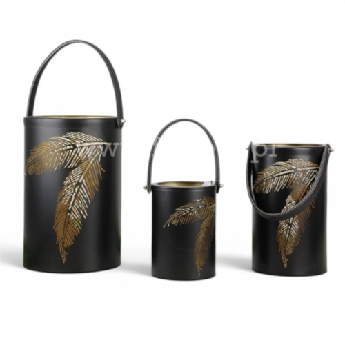 metalowy lampion walec h18 – wzór - liście 1szt czarny/złoty (IS0456)