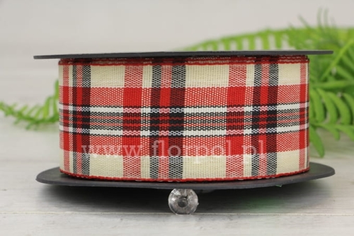 wstążka świąteczna –  kratka 4cm 1szt czerwony/ecru/czarny